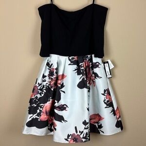 NWT Betsy & Adam White/Black/Coral Floral Off Shoulder Fit and Flare Dress